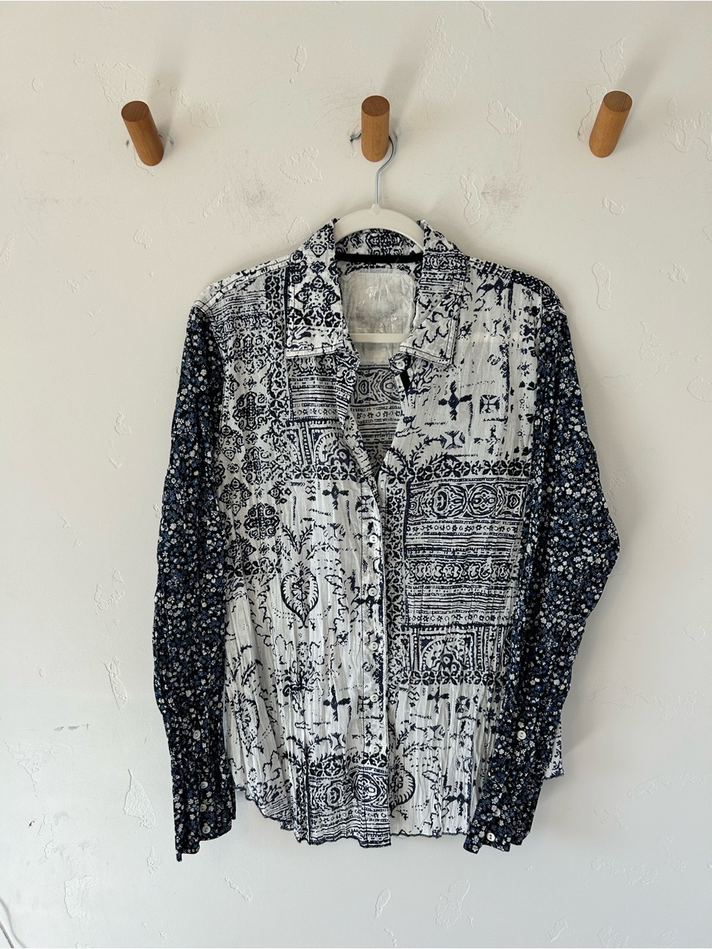 Cino Indigo Patchwork Cotton Print Bohemian Button Down Sz XL Boyfriend Shirt